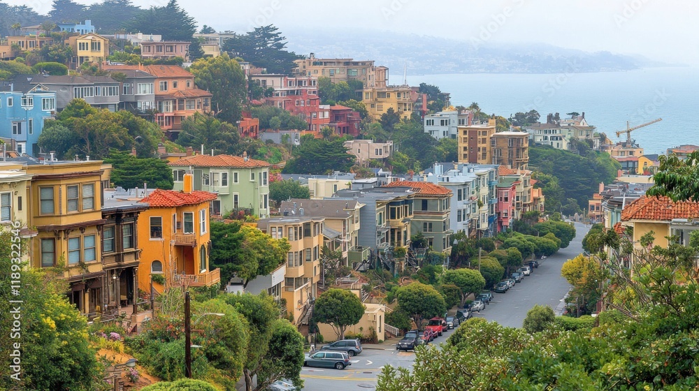 Obraz premium Colorful Coastal Homes on a Foggy Day Overlooking the Ocean