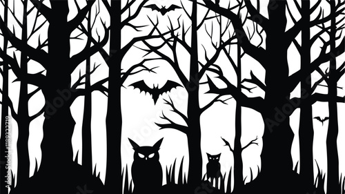 Creepy Forest with Bats and Owls