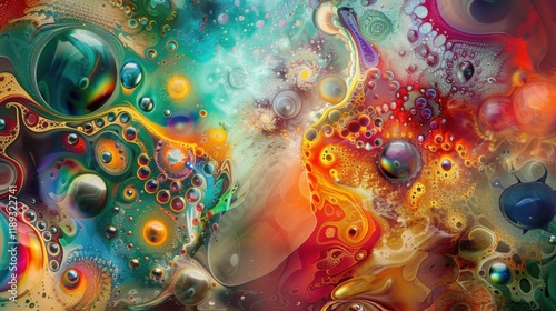 a surreal abstract painting with dreamlike motifs and vibrant colors, No bowls, white space in the center of the page for text photo