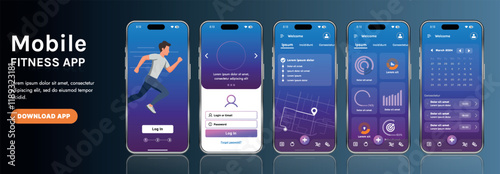 A sleek fitness app interface template featuring responsive design elements, including dashboards, charts, and statistics. Perfect for tracking health, weekly progress, and sports activities
