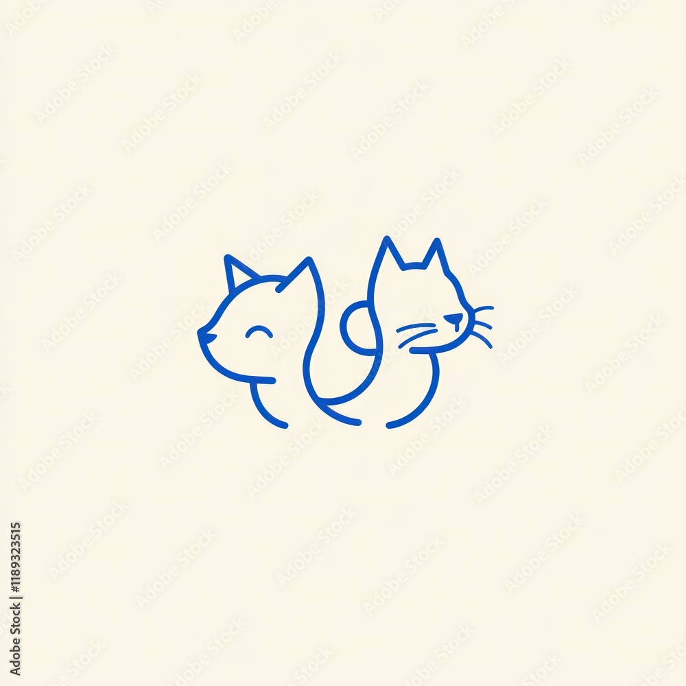 Fototapeta premium Two cats intertwined, minimalist design, white background, logo design