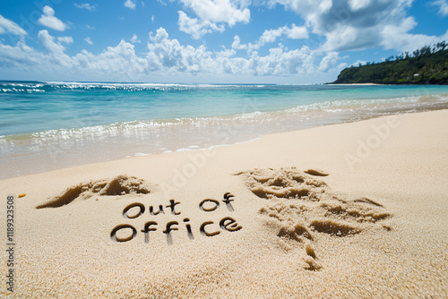 Out of Office Text Written on Beach Sand, Concept of Vacation and Escape