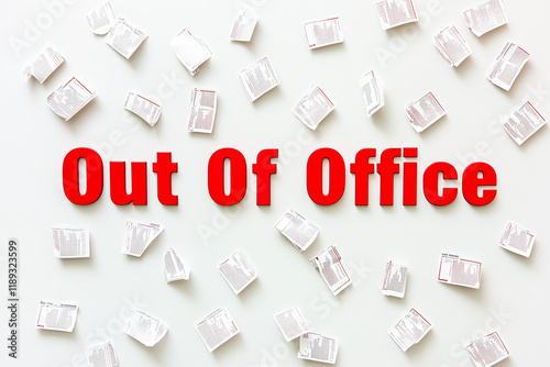 Out of Office Message in Red Text on Office Paper Background, Business Concept of Absence and Vacation photo