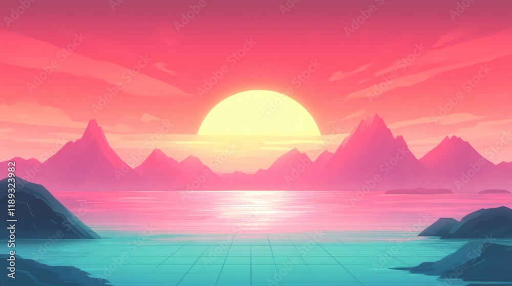 Serene Sunset Over Majestic Mountains by Tranquil Ocean Serene Sunset Over Majestic Mountains by Tranquil Ocean