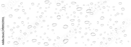 Rain Water Drops on Glass: Realistic 3D Vector Illustration of Smooth Surface with Transparent Liquid Bubbles. Wet Background with Scattered Raindrop Splash and Spray Effects