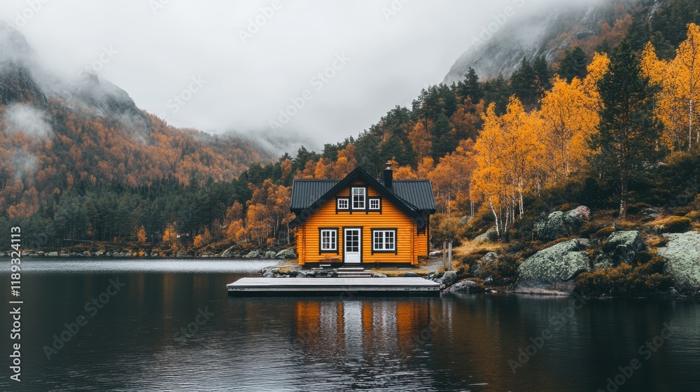 Fototapeta premium Cozy Yellow House on Calm Lake Surrounded by Autumn Landscape