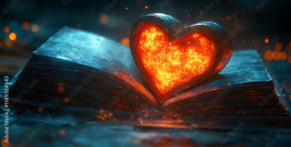 Fototapeta premium Heart-Shaped Object with Flames on Top of an Open Book