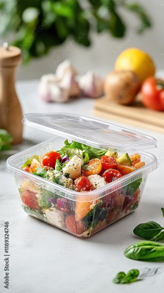 Fresh salad presented in a clear biodegradable clamshell box on a modern countertop