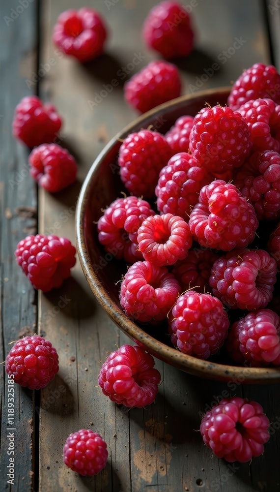 Scattered raspberries, rustic wooden background, delicious, organic, country Scattered raspberries, rustic wooden background, delicious, organic, country