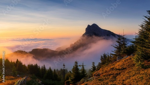 a majestic mountain peak bathed in the golden rays of dawn surrounded by a sea of mist and a lush forest
