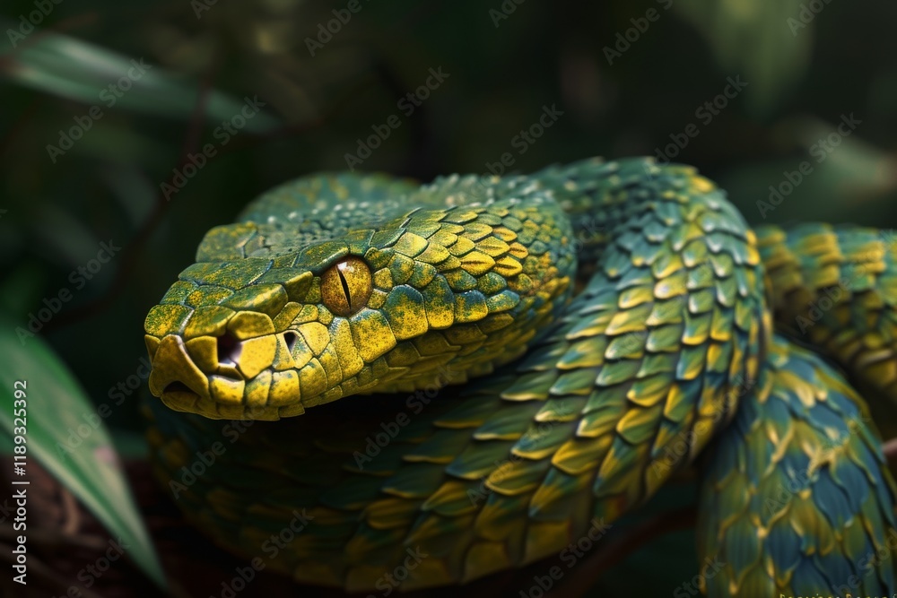 Atheris nitschei, the vibrant attacking snake in its natural tropical habitat, showcasing its striking green and yellow scales as it prepares to strike at sunset Atheris nitschei, the vibrant attacking snake in its natural tropical habitat, showcasing its striking green and yellow scales as it prepares to strike at sunset