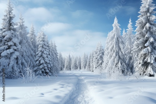 Wallpaper Mural A tranquil winter wonderland with a quiet snow-covered path winding through towering evergreens under a clear blue sky on a crisp, bright day Torontodigital.ca