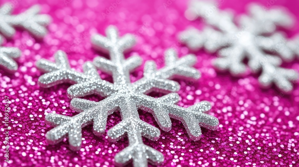 Glittery snowflakes on a vibrant pink background, creating a festive atmosphere. Glittery snowflakes on a vibrant pink background, creating a festive atmosphere.