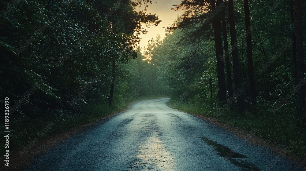 Naklejka premium Rainy Road Through Forest: A mysterious and atmospheric image of a winding road disappearing into a dense, rain-soaked forest at dusk. The scene is evocative of a journey.