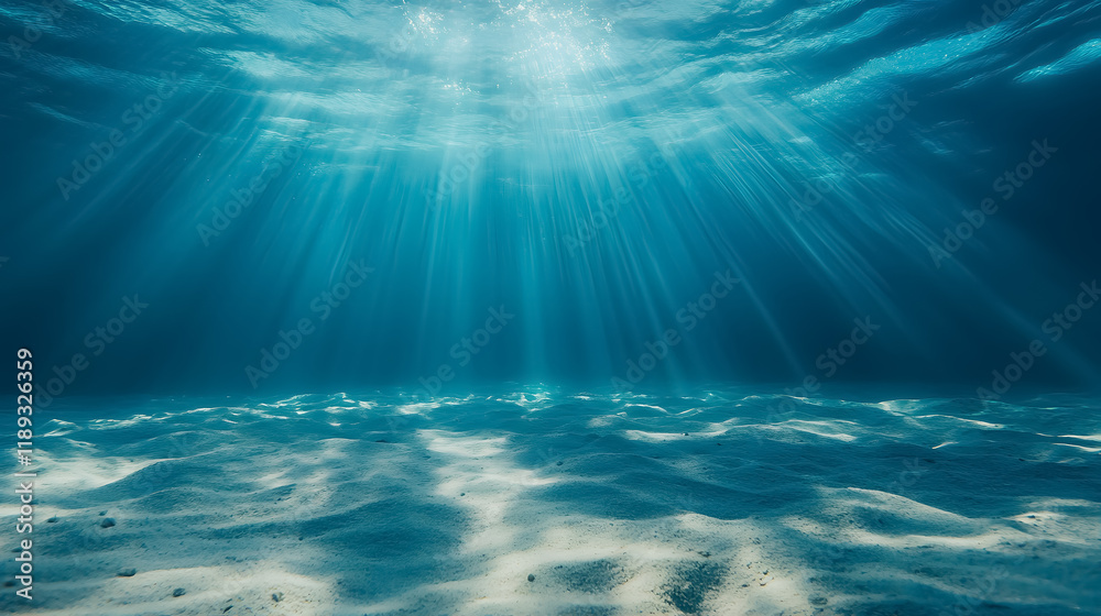Fototapeta premium An underwater scene depicting deep blue sea and beautiful light rays over a sandy floor.