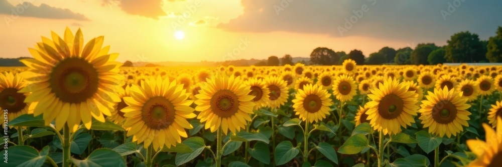 Fototapeta premium Sun-drenched sunflower field, long rays stretch across the scene , sunbeams, august, nature