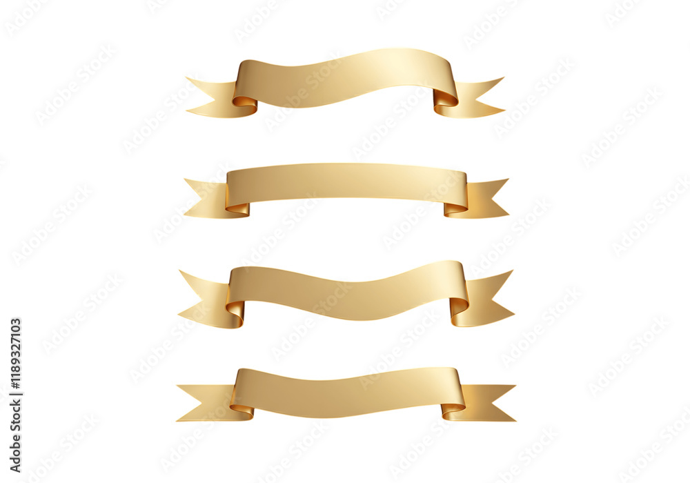 A series of five simple GOLD ribbon banners in a minimalist style. Classic and versatile, suitable for graphic design or decorative purposes. On an isolated background png file A series of five simple GOLD ribbon banners in a minimalist style. Classic and versatile, suitable for graphic design or decorative purposes. On an isolated background png file
