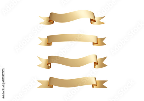 A series of five simple GOLD ribbon banners in a minimalist style. Classic and versatile, suitable for graphic design or decorative purposes. On an isolated background png file