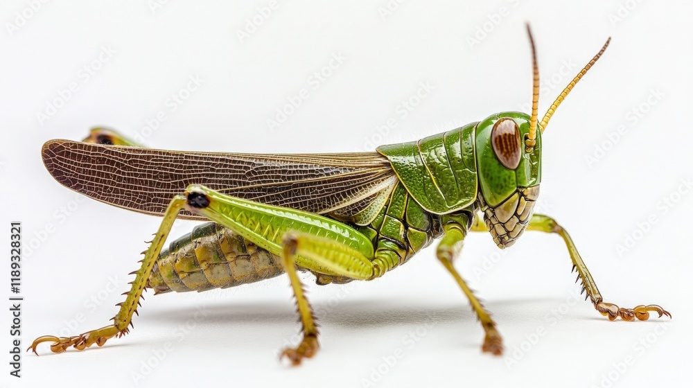 close-up of a green grasshopper against a white background close-up of a green grasshopper against a white background