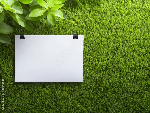 Blank paper rests gently on vibrant green grass bathed in soft sunlight. AI Generated photo