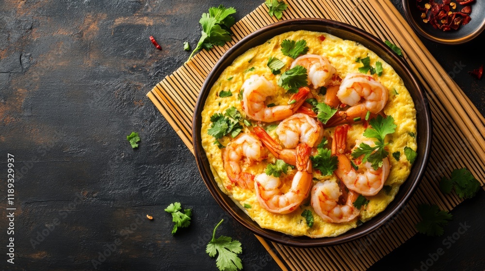 A beautifully composed flat lay of a steamed egg dish topped with shrimp and garnished with cilantro, served on a bamboo mat with chopsticks placed beside it. A beautifully composed flat lay of a steamed egg dish topped with shrimp and garnished with cilantro, served on a bamboo mat with chopsticks placed beside it.