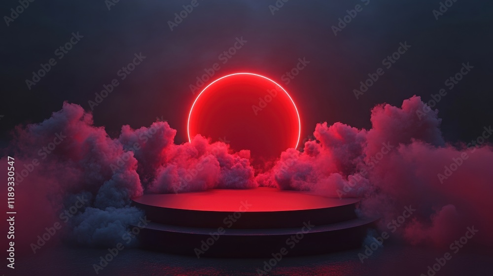 Obraz premium Dramatic Red Sunset Over Cloudy Stage with Neon Glow Effect