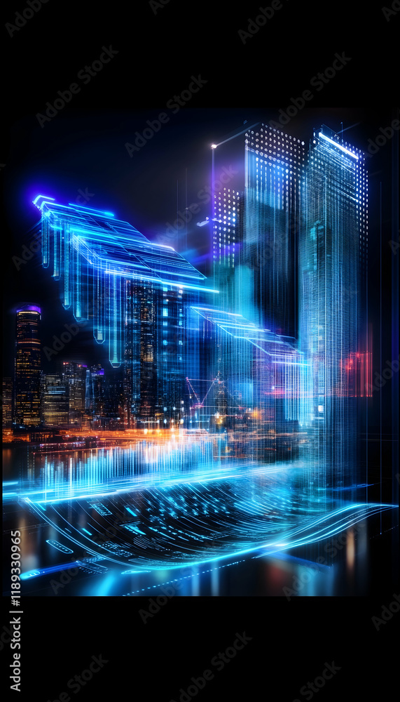 Fototapeta premium Futuristic city skyline at night, digital hand interacting with data, showcasing technological advancement and urban development, ideal for tech or finance