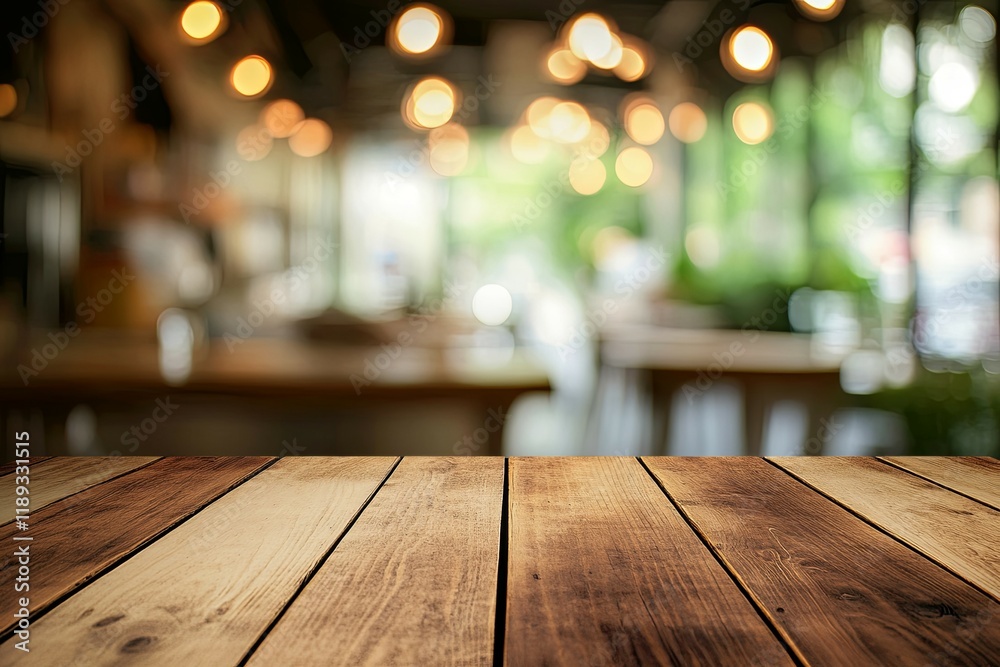 Warm Wooden Tabletop: Blurred Cafe Background, Rustic Ambiance Warm Wooden Tabletop: Blurred Cafe Background, Rustic Ambiance