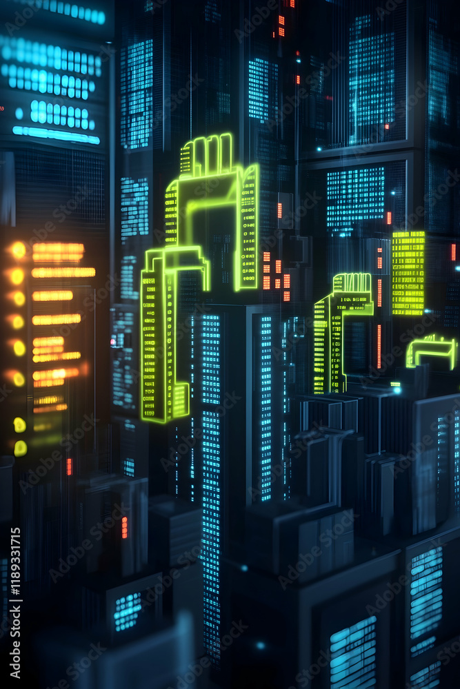 Futuristic city skyline, digital code backdrop, glowing buildings, data streams, technology concept, website banner Futuristic city skyline, digital code backdrop, glowing buildings, data streams, technology concept, website banner