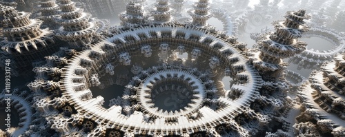 Intricate Geometric Structures Amidst a Dreamy Misty Landscape at Dawn