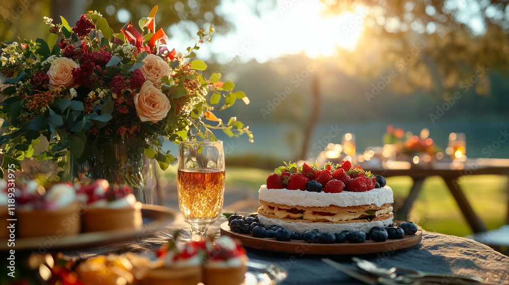 Naklejka premium Outdoor picnic featuring traditional Australian foods with a sunset backdrop and beautiful floral arrangements