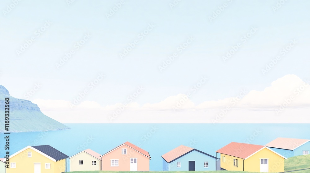 Pastel houses gently slope towards serene ocean under soft light. AI Generated Pastel houses gently slope towards serene ocean under soft light. AI Generated
