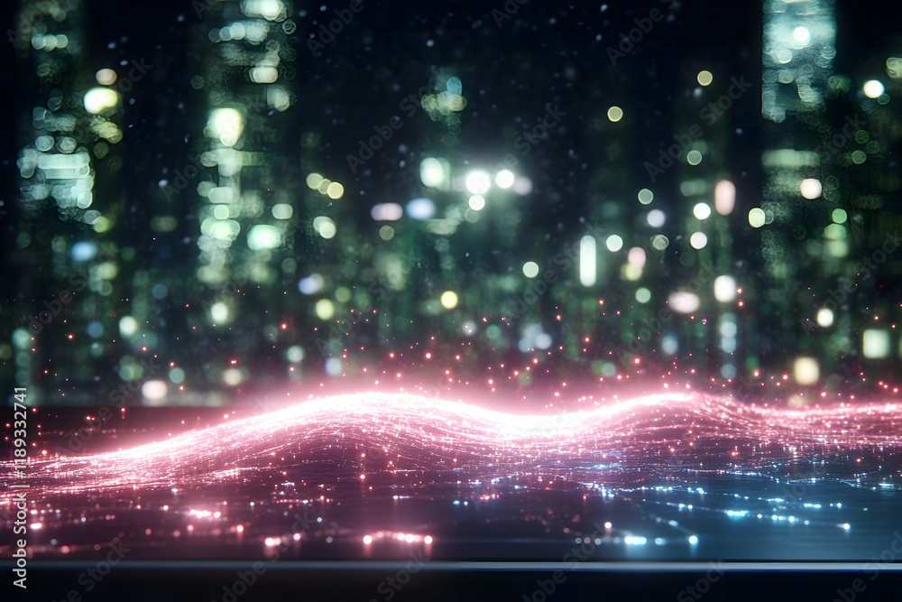 Obraz premium Futuristic cityscape at night, glowing particles forming a landscape, bokeh background; ideal for tech or science fiction projects