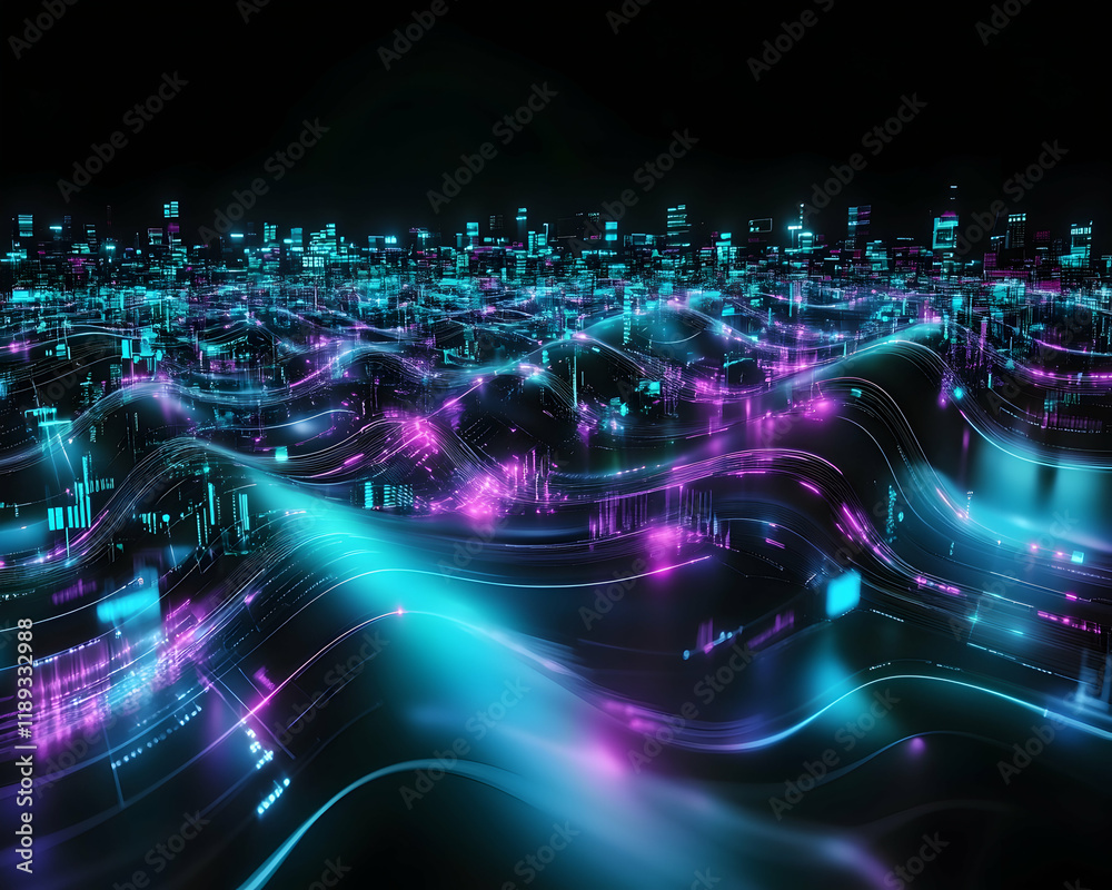Fototapeta premium Futuristic cityscapes, digital waves, glowing neon lights, data streams, technological background. Ideal for tech, AI, and innovation concepts