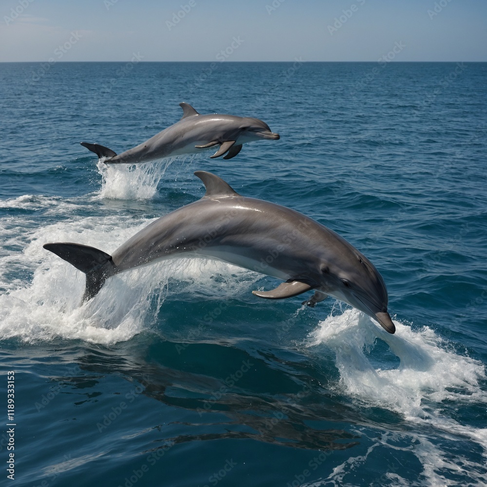 Fototapeta premium striped dolphin, Stenella coeruleoalba, wild and free jumping in mediterranean Sea. Dolphin Leaping Gracefully from the Ocean Waters