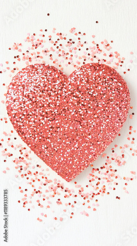 Glittery pink heart with scattered confetti on white background