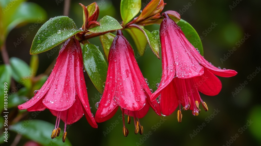 A close-up of a vibrant red flower with delicate petals adorned with glistening water droplets, capturing the beauty and freshness of nature after a rain shower. A close-up of a vibrant red flower with delicate petals adorned with glistening water droplets, capturing the beauty and freshness of nature after a rain shower.