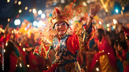 Festival dancer celebrating, night market, vibrant costumes, crowd photo