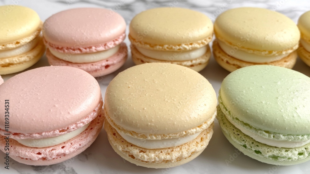 A close-up of colorful macarons in pastel shades of pink, yellow, and green, arranged in a neat row on a marble background, showcasing their delicate texture. A close-up of colorful macarons in pastel shades of pink, yellow, and green, arranged in a neat row on a marble background, showcasing their delicate texture.