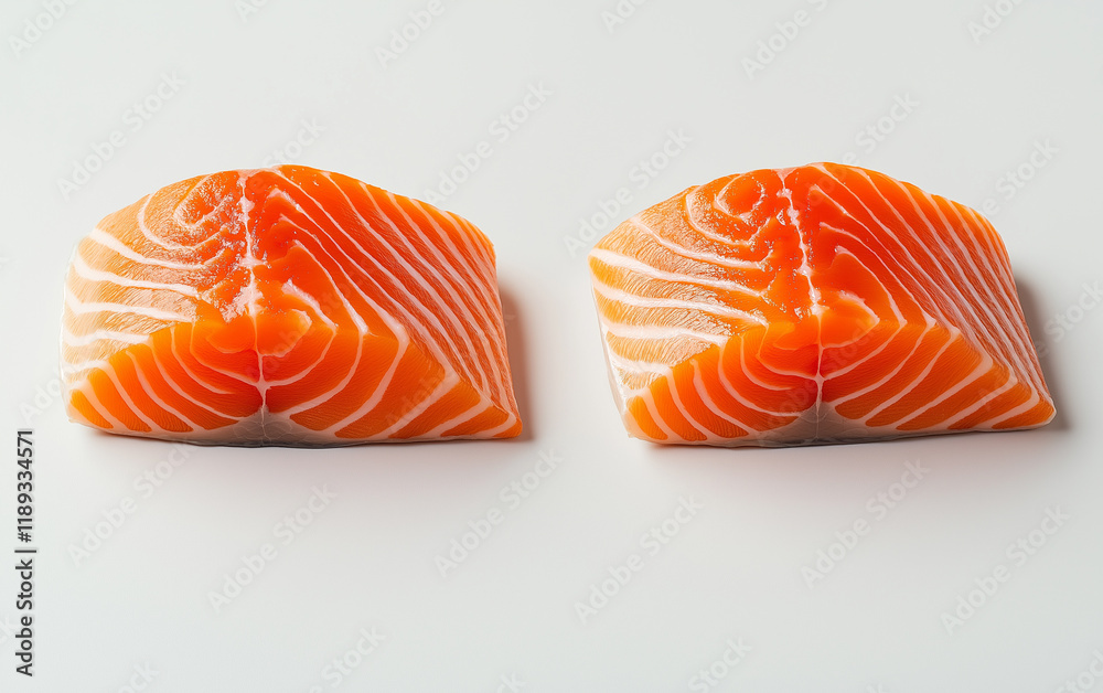 Fresh raw salmon steak with vibrant orange flesh on white background, healthy seafood ingredient perfect for grilling or sashimi, clean minimal presentation.