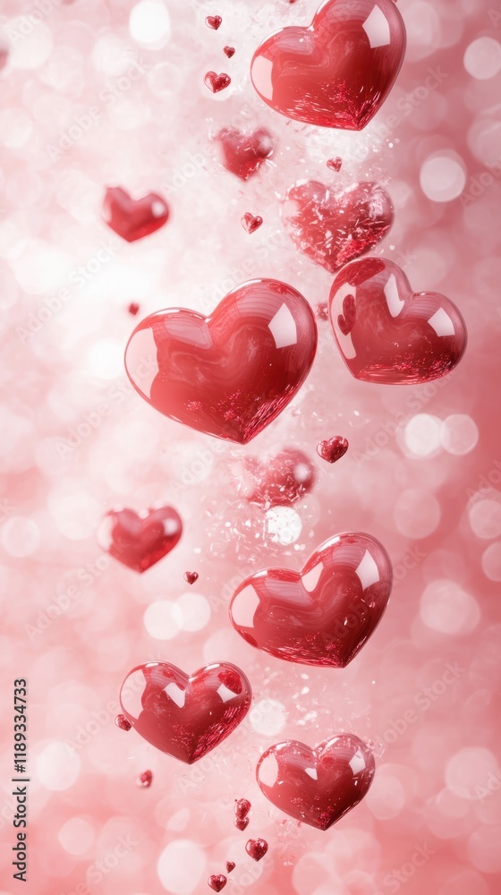 Translucent red hearts on pastel pink background abstract panorama Translucent red hearts on pastel pink background abstract panorama
