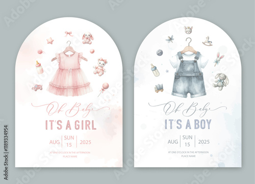 Cute baby shower watercolor invitation card for baby and kids new born celebration. Its a girl, Its a boy card with baby dress and toys.