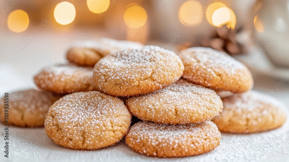 A delicious stack of powdered sugar-dusted cookies, evoking a warm, festive atmosphere with soft bokeh lights in the background. A delicious stack of powdered sugar-dusted cookies, evoking a warm, festive atmosphere with soft bokeh lights in the background.