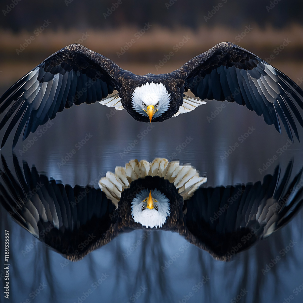Obraz premium Majestic eagle soaring with a symmetrical reflection on a serene surface, symbolizing strength and freedom, dynamic backdrop with dramatic skies or tranquil waters, wildlife in flight
