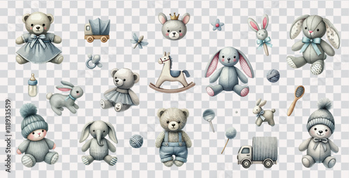 Watercolor hand drawn set of newborn kids toys vector.