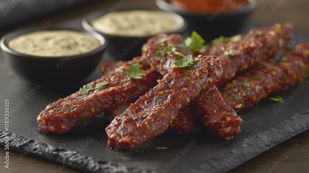 A close-up of steak strips on a black stone plate, served with dipping sauces in small bowls, with a garnish of fresh herbs and a minimalist background. A close-up of steak strips on a black stone plate, served with dipping sauces in small bowls, with a garnish of fresh herbs and a minimalist background.