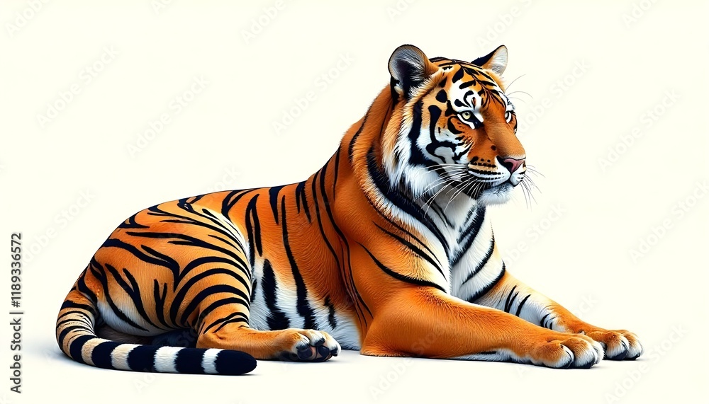 Obraz premium tiger line art icon, presenting a fierce Bengal tiger in a relaxed sitting pose, with elaborate line textures for the tail and whiskers, on a blank canvas for easy coloring