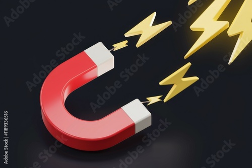 A red horseshoe magnet attracts yellow lightning bolts, symbolizing powerful attraction and energy. photo