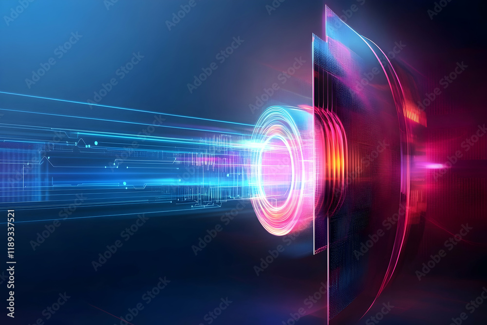 Obraz premium Futuristic data transfer, digital technology, abstract glowing circles, lines, and circuit boards, depicting high-speed internet, perfect for tech websites