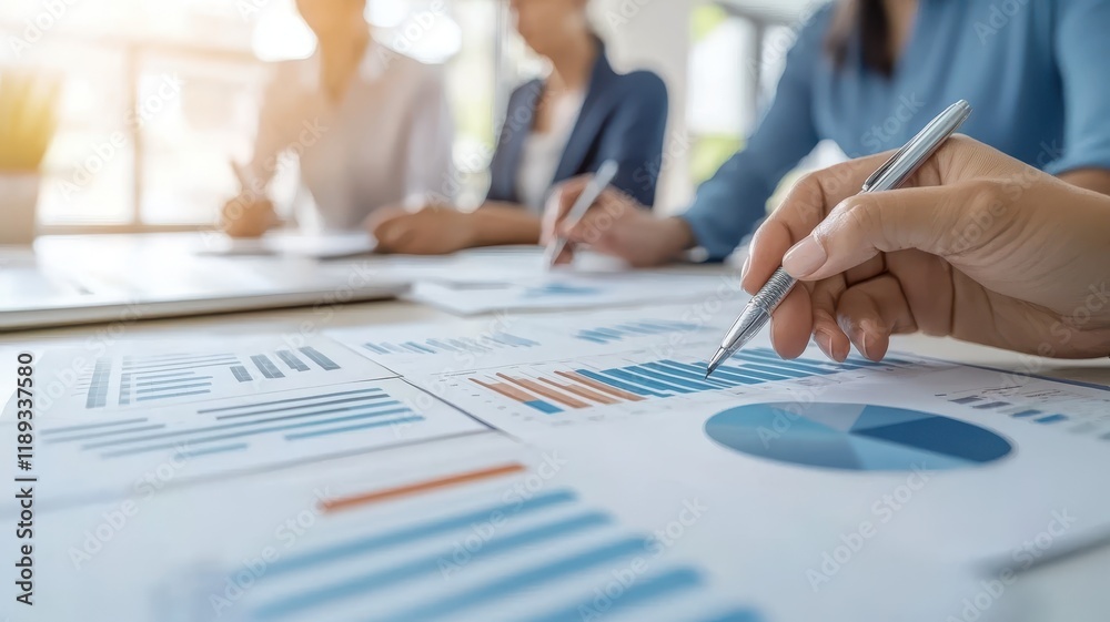 A business meeting focused on data analysis, featuring charts and graphs on a table while participants engage in discussion. A business meeting focused on data analysis, featuring charts and graphs on a table while participants engage in discussion.